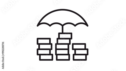 Foto Stacked coin columns sheltered beneath an open umbrella canopy, depicted in clea
