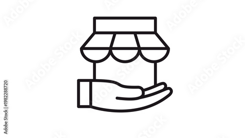 Black line vector icon of a human hand holding a small retail store building with a striped awning, symbolizing small business support, local shopping, entrepreneurship, and commercial real estate.