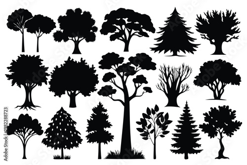 set different types of trees silhouette line art vector illustration with a white background