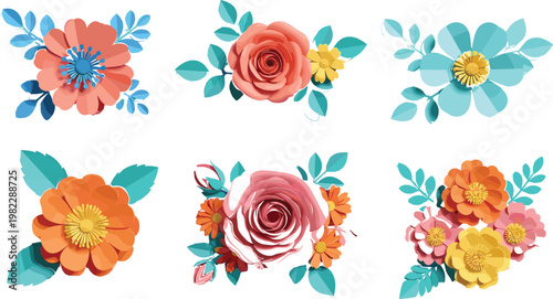 Colorful floral bouquets and flower arrangements set, decorative blooming elements, botanical design collection, vibrant vector illustration