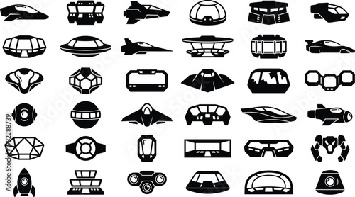 A collection of 30 distinct black and white futuristic vehicle and spaceship designs.