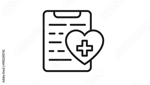 Medical record clipboard icon with heart and cross symbol, black line vector illustration for healthcare, patient history, medical insurance, and clinical diagnosis concept.