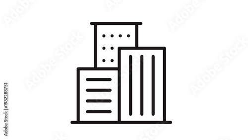 Minimalist black vector icon illustration of three stylized city buildings and skyscrapers, representing an urban skyline, corporate office architecture, and real estate development symbol.