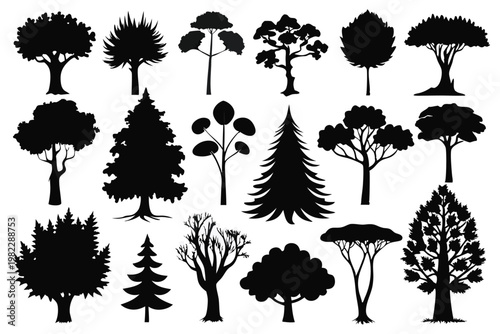 set different types of trees silhouette line art vector illustration with a white background