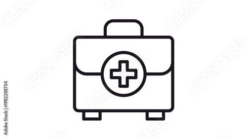 Minimalist black line art vector icon illustration of a first aid kit or medical bag featuring a cross symbol, representing emergency healthcare, medical supplies, and safety equipment.