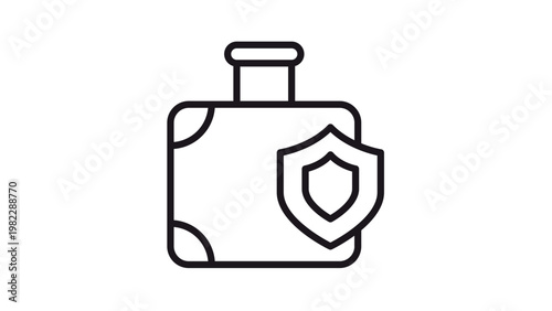 Travel insurance and luggage protection vector icon. Minimalist black line illustration of a suitcase with a security shield symbol, representing baggage safety, secure travel, and trip security.