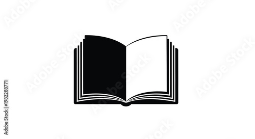 A stark black and white illustration depicts an open book showcasing its pages and binding