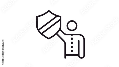 Black line vector icon of a person holding a shield, representing protection, security, and defense. Minimalist illustration for safety, insurance, privacy, and data protection concepts.