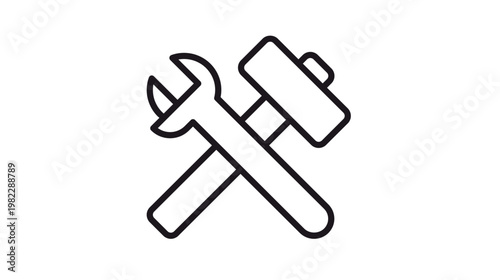 Minimalist crossed wrench and hammer vector icon illustration, black line art symbol representing repair, maintenance, construction, and professional service work, isolated on white background.