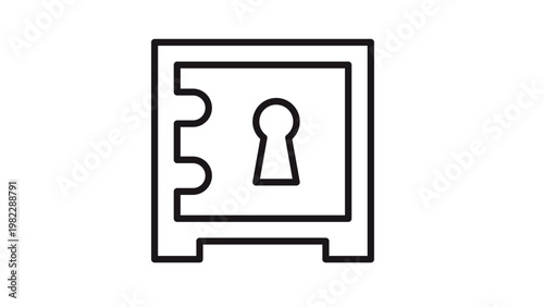 Black and white minimalist vector icon illustration of a secure metal safe or strongbox with a keyhole, representing financial security, banking, asset protection, and wealth storage.