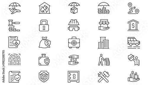 Insurance and Security Vector Icon Set: 25 Black Minimalist Line Icons for Financial Protection, Travel Safety, Medical Care, Legal, Construction, Real Estate, and Business Services Bundle.