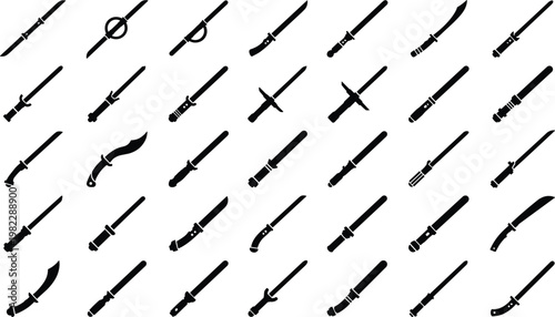 Energy sword and light saber icons set with futuristic blade weapons for space warrior silhouette.