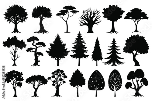 set different types of trees silhouette line art vector illustration with a white background