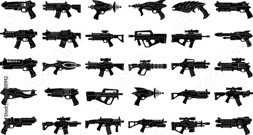 Futuristic gun and laser rifle icons set with various science fiction weapons and blaster designs.
