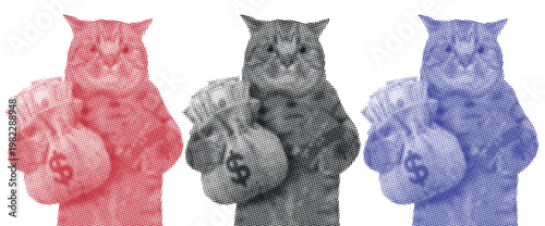 Funny Cat Holding Money Bag Set, Red Blue and Black Greedy Feline Vector Illustration, Rich Cat Sticker Collection