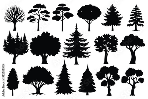 set different types of trees silhouette line art vector illustration with a white background