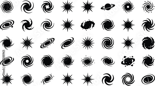 Galaxy and space nebula icons set with spiral shapes and cosmic star silhouettes for astronomical.