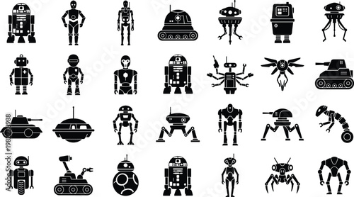 Science fiction robot icons set with various droids and mechanical android characters silhouettes.