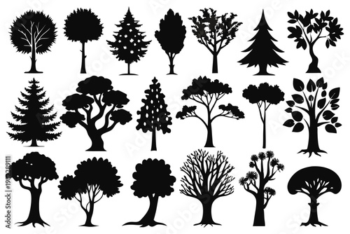 set different types of trees silhouette line art vector illustration with a white background