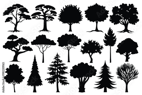 set different types of trees silhouette line art vector illustration with a white background