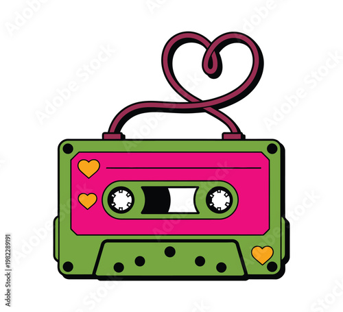Cassette tape plays vintage love songs.