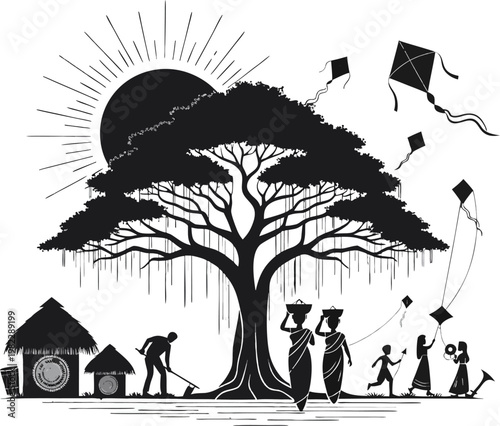 Pohela Boishakh rural village silhouette with banyan tree farmers women children kite flying Bengali new year cultural landscape vector