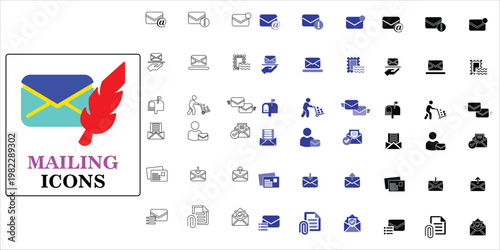 mailing icons set. spam, inbox, read, letter, postman, mailbox, e mail, stamp, attachment, envelope and more. simple complete vector