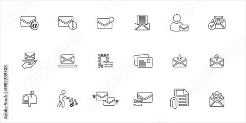 mailing icons set. letter, postman, mailbox, e mail, stamp, attachment, envelope and more. simple line vector