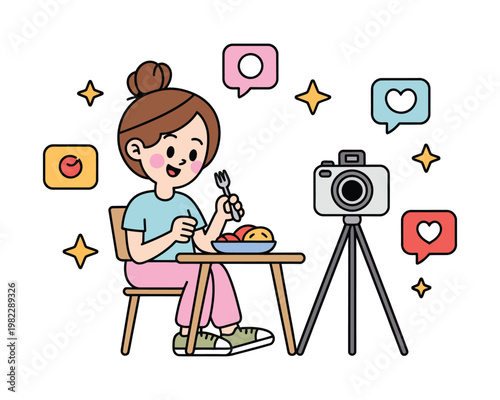 Vlogger eats food during a live broadcast.