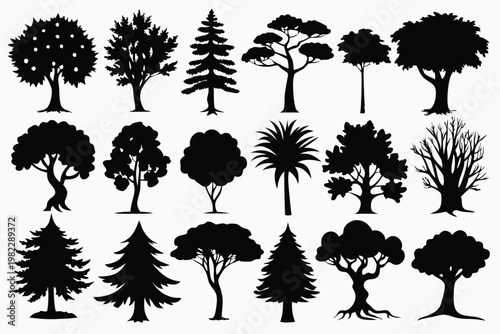 set different types of trees silhouette line art vector illustration with a white background