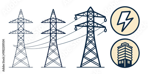 Set of electric power transmission towers and high voltage infrastructure icons with electricity transmission infrastructure electrical illustration industry electric