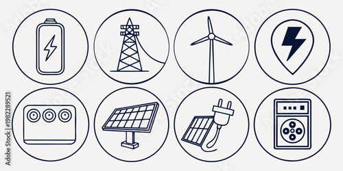 Renewable energy and power generation icons set with battery and solar panels renewable electricity sustainable generator technology illustration environment lightning