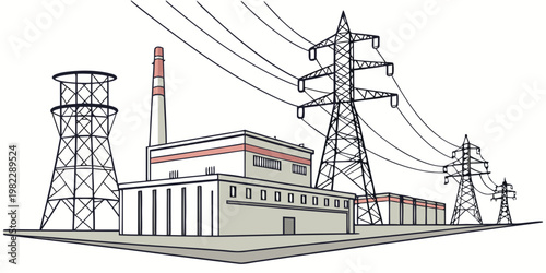 Industrial energy facility with power transmission towers and factory building sketch industrial electricity transmission infrastructure distribution building engineering