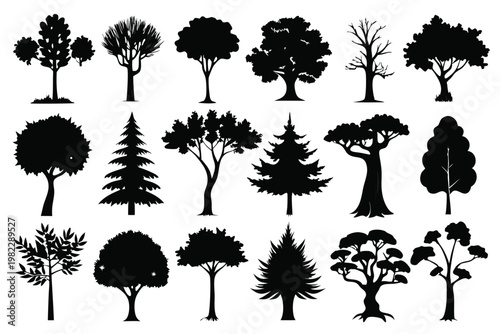 set different types of trees silhouette line art vector illustration with a white background