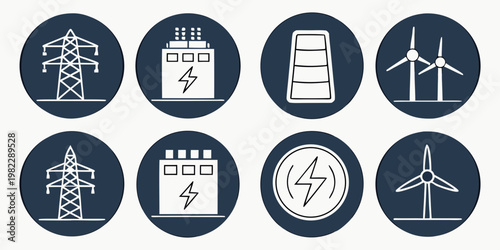 Sustainable energy icons set with wind turbines and power plant grid infrastructure electricity sustainable illustration renewable generator industry infrastructure
