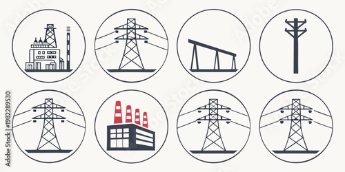 Power plant and transmission pylon icons for electrical industry infrastructure with electricity transmission industry infrastructure electrical illustration industrial