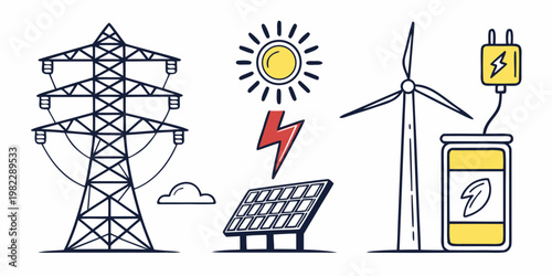 Sustainable power sources featuring wind turbine solar panels and electric transmission tower electricity transmission electric renewable sustainable environment lightning