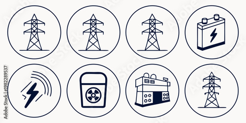 Power generation and energy transmission icons set with nuclear and electric symbols electricity transmission generation illustration industry electrical infrastructure