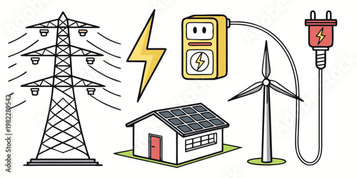 Clean energy solutions featuring residential solar power and wind turbine electricity grid electricity transmission lightning sustainable renewable electric infrastructure
