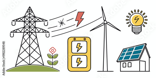 Renewable energy and electricity transmission illustration with solar panels and wind turbine electricity transmission renewable sustainable lightbulb electric infrastructur