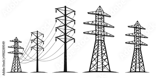 Set of high voltage electricity transmission towers and power line silhouettes with electricity transmission silhouette infrastructure electric distribution industrial