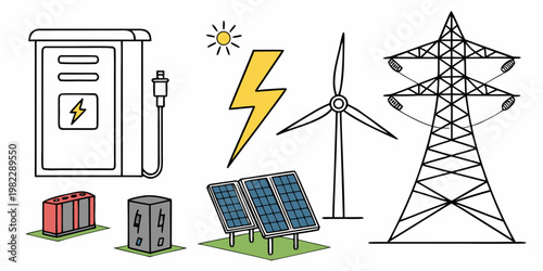 Smart energy grid concept with charging station solar panels and electric tower electricity charging transmission electric lightning infrastructure technology renewable
