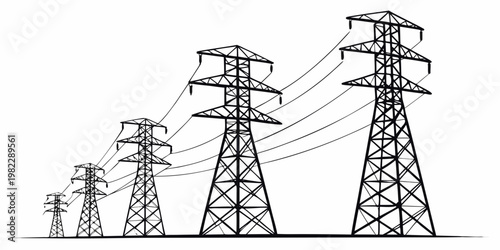 Graphic illustration of high voltage electrical power pylons with electricity transmission infrastructure illustration silhouette engineering industrial distribution
