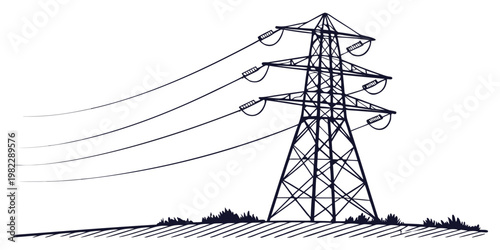 High voltage electricity pylon vector line art illustration with electricity transmission infrastructure industrial electric structure silhouette engineering distribution