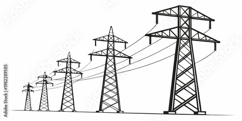 High voltage electricity grid power towers and transmission lines with electricity transmission infrastructure illustration silhouette industrial distribution engineering
