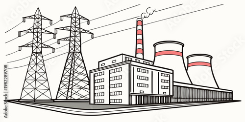 Industrial power plant with cooling towers and electrical transmission pylons line art industrial electricity transmission infrastructure electric industry generation
