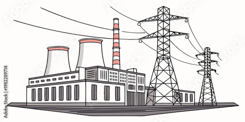 Graphic illustration of electrical power station with cooling towers and power lines electricity industrial transmission electric infrastructure generation engineering