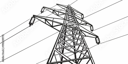 High voltage electricity pylon low angle view line drawing with electricity transmission infrastructure industrial electrical illustration construction technology structure