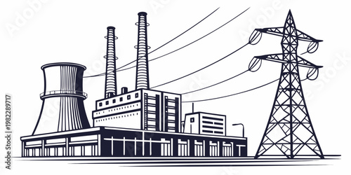 Industrial power plant with smoke stacks and high voltage transmission towers sketch industrial electricity transmission infrastructure electric generation illustration
