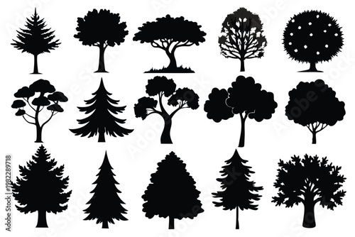 set different types of trees silhouette line art vector illustration with a white background